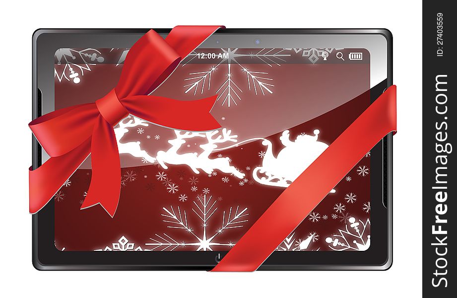 Tablet PC with red ribbon and bow isolated on a white background. Tablet PC with red ribbon and bow isolated on a white background