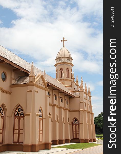 Catholic church with a blue sky, Pathumtani, Thailand