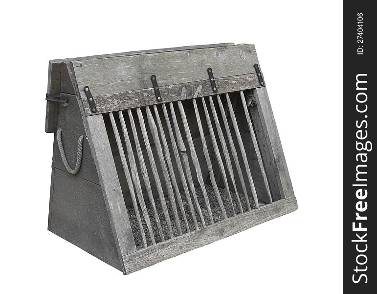 Old and weathered gray wooden portable chicken coop or cage, made from boards and sticks. Isolated on white. Old and weathered gray wooden portable chicken coop or cage, made from boards and sticks. Isolated on white.