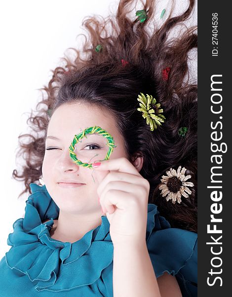 Glamorous portrait of curly girl on an isolated white background