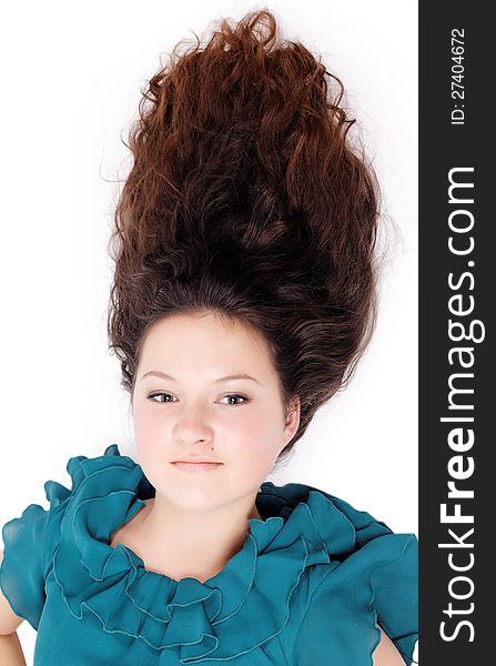 Portrait of curly pretty girl on an isolated white background