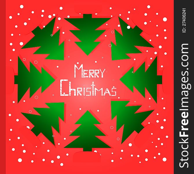 Christmas card. Trees are located round an inscription of Merry Christmas on a red background with snow balls. Christmas card. Trees are located round an inscription of Merry Christmas on a red background with snow balls.