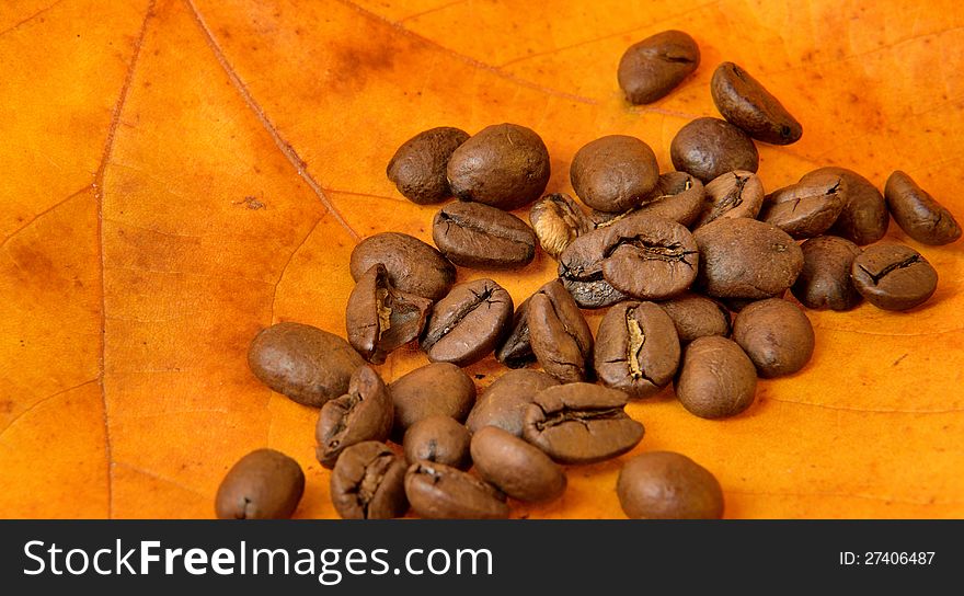 Coffee beans on a colorful autumn leave. Coffee beans on a colorful autumn leave.