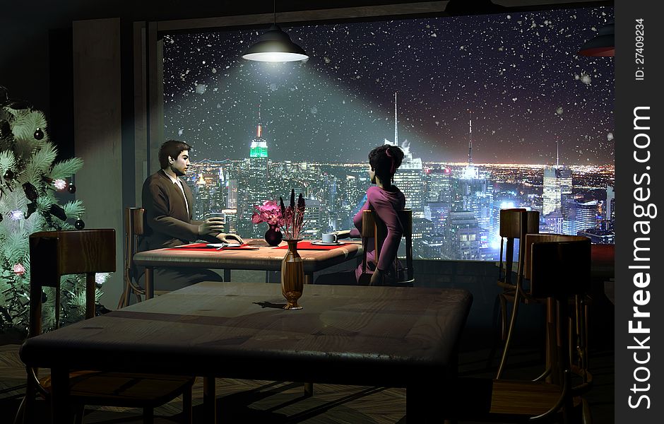 At Christmas season, couple sat at a table, in a cofee-bar in a high floor of a building in Manhattan, looking at the snow falling on the city at night. At Christmas season, couple sat at a table, in a cofee-bar in a high floor of a building in Manhattan, looking at the snow falling on the city at night.