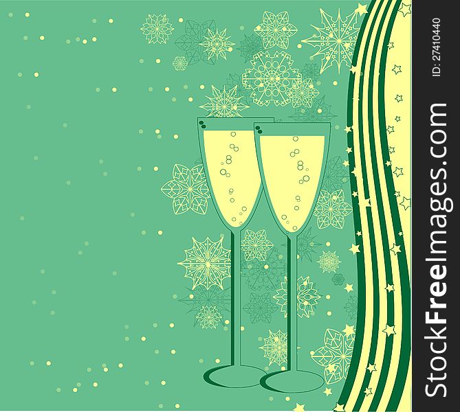 Champagne glasses on a green background, surrounded by snowflakes. Champagne glasses on a green background, surrounded by snowflakes.