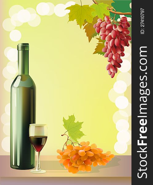 Autumn nature rich foods. Ripe grapes, wine glass and bottle. Autumn nature rich foods. Ripe grapes, wine glass and bottle.