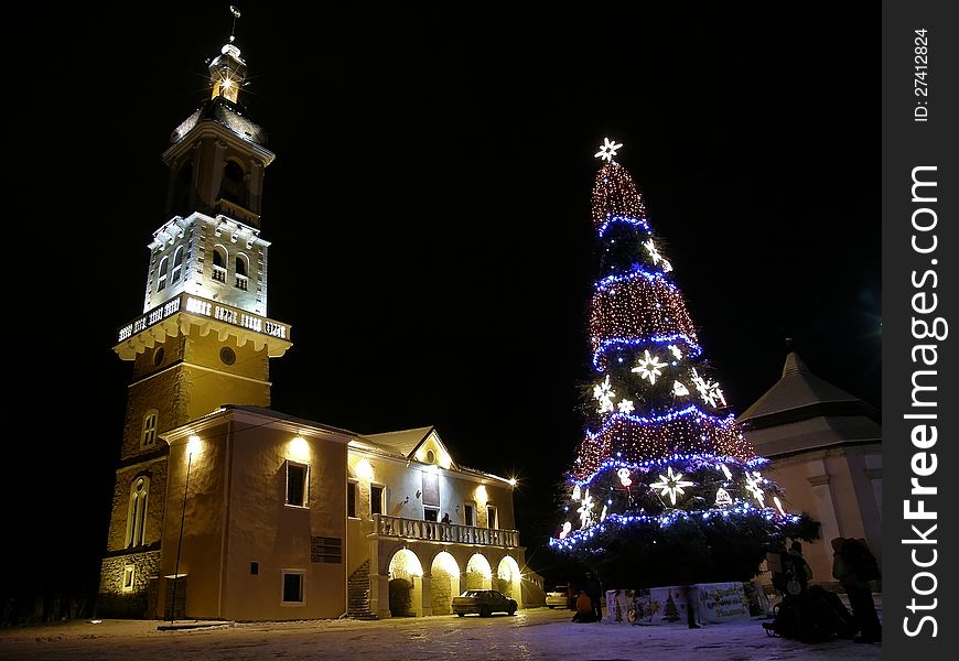 Town hall at Christmas time in Kamenetz Podolsk, Ukraine