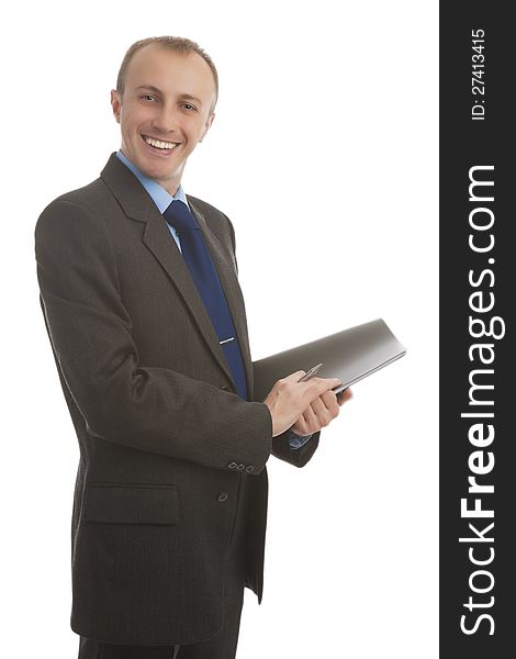 Portrait of a smiling caucasian blond business man with folder against white. Portrait of a smiling caucasian blond business man with folder against white