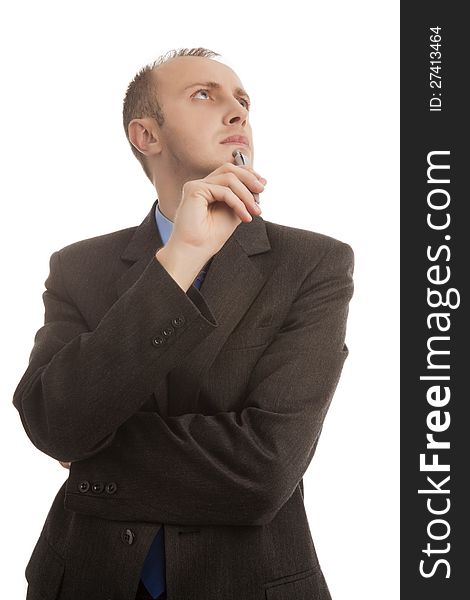 Portrait of a thinking business man looking up isolated over white. Portrait of a thinking business man looking up isolated over white