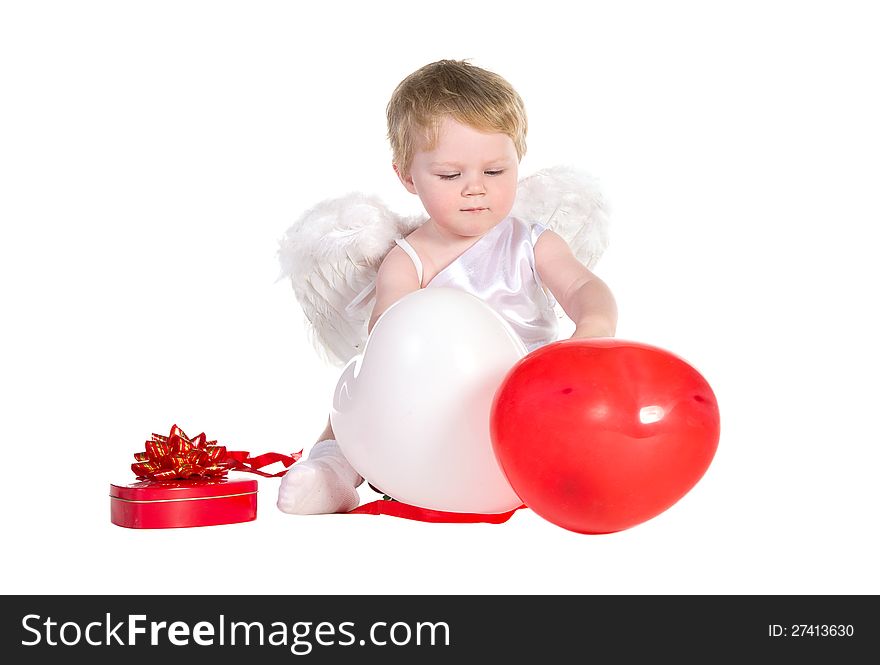 Boy Dressed As Angel With White And Red Balloons