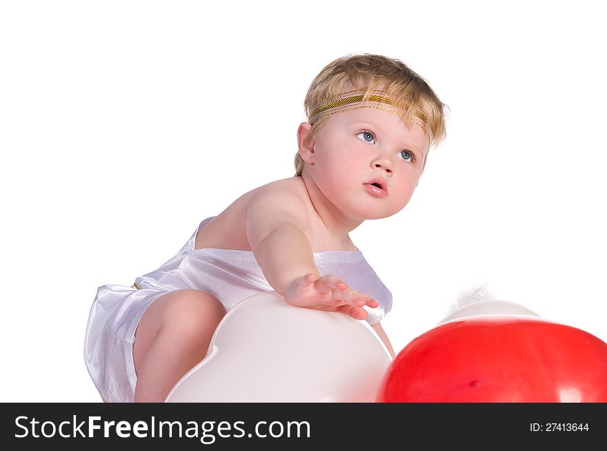 Boy Dressed As Angel With White And Red Balloons