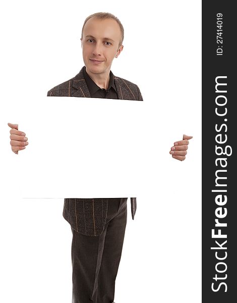 Portrait of a male with a white card isolated. Portrait of a male with a white card isolated
