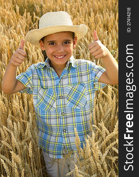 Young healthy boy with hat in fileld of wheat. Young healthy boy with hat in fileld of wheat