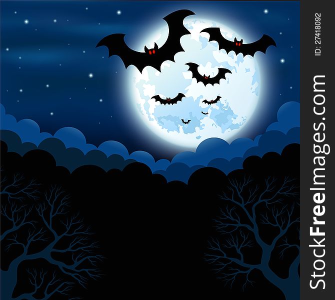 Vector illustration with bats on the background of the full moon. Vector illustration with bats on the background of the full moon