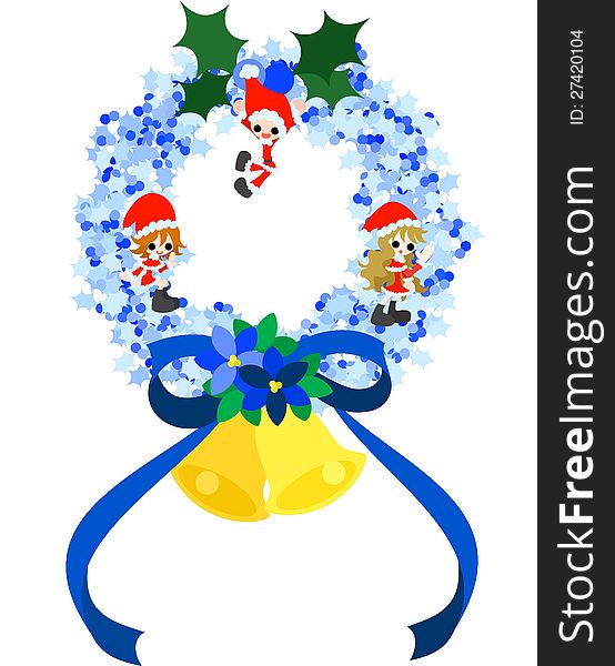 Children disguising as Santa Claus are standing on the blue Christmas wreath. Children disguising as Santa Claus are standing on the blue Christmas wreath.