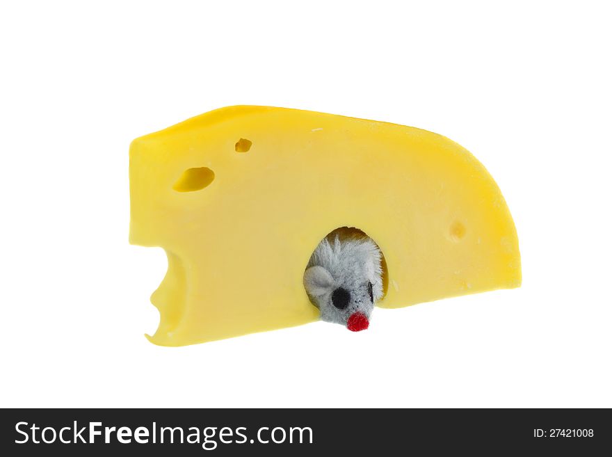 Swiss cheese with a mouse looking from hole isolated on white. Swiss cheese with a mouse looking from hole isolated on white