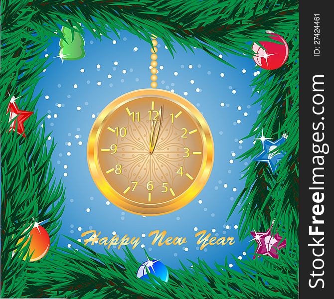 gold clock on a blue background with snowflakes in framing of fir-tree branches. gold clock on a blue background with snowflakes in framing of fir-tree branches