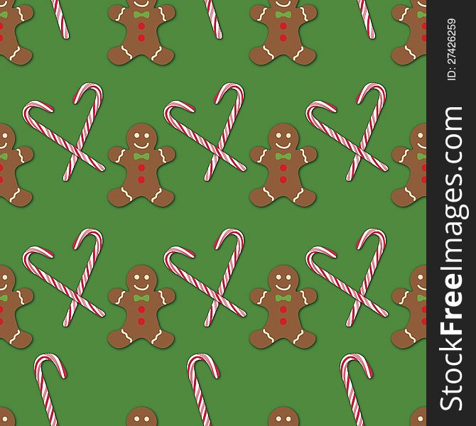 Seamless repeating candy cand and gingerbread pattern. Seamless repeating candy cand and gingerbread pattern