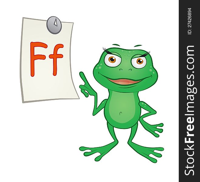 Vector image of frog pointing with it finger at letter F. Vector image of frog pointing with it finger at letter F