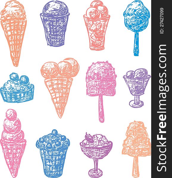 Vector image of a collection of a hand drawn ice cream.