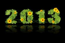 New Year 2013. Date Lined Green Leaves And Flower. Royalty Free Stock Image