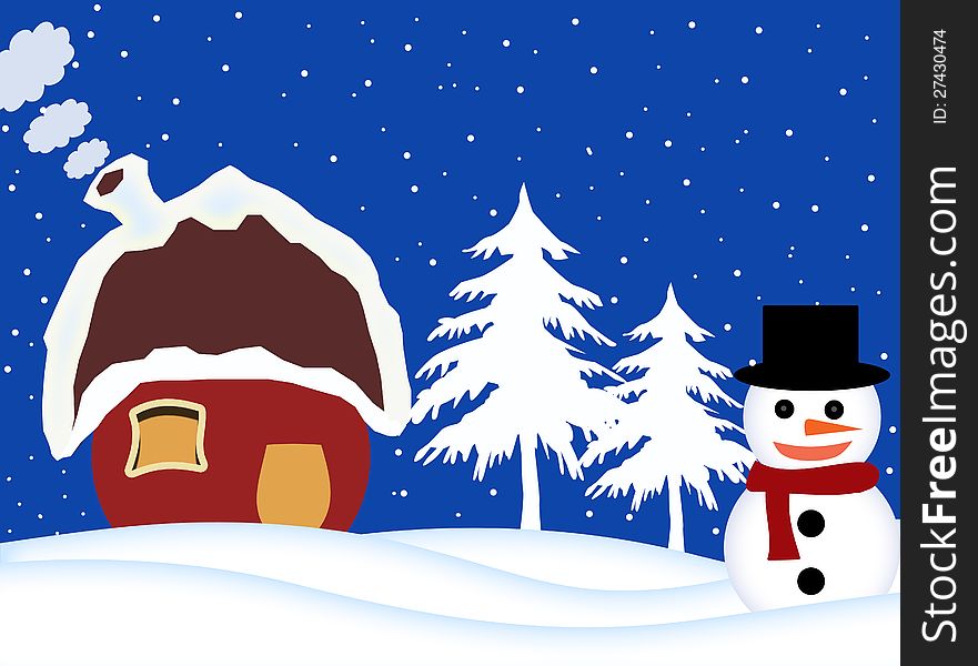 Illustration of snowman, on a background of snow and snowflakes, vector illustration. Illustration of snowman, on a background of snow and snowflakes, vector illustration