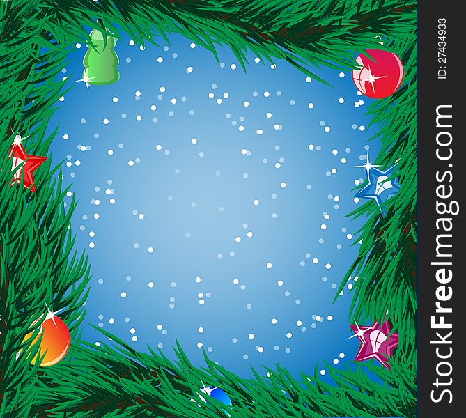 scope from spruce branches is decorated by fir-tree toys on a blue background. scope from spruce branches is decorated by fir-tree toys on a blue background