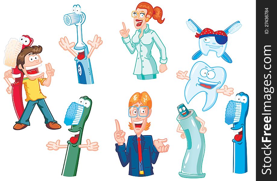 Characters of the dental practice in funny cartoon version. Characters of the dental practice in funny cartoon version