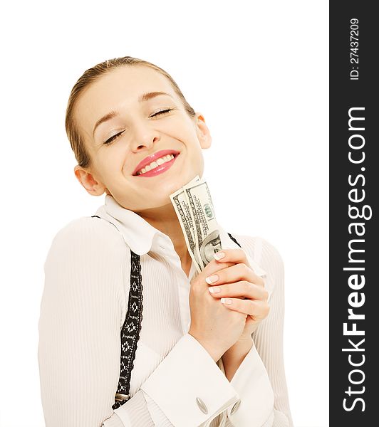 Photo of a smiling young woman with a fan of U.S. 100 dollar bills in her hand. Photo of a smiling young woman with a fan of U.S. 100 dollar bills in her hand