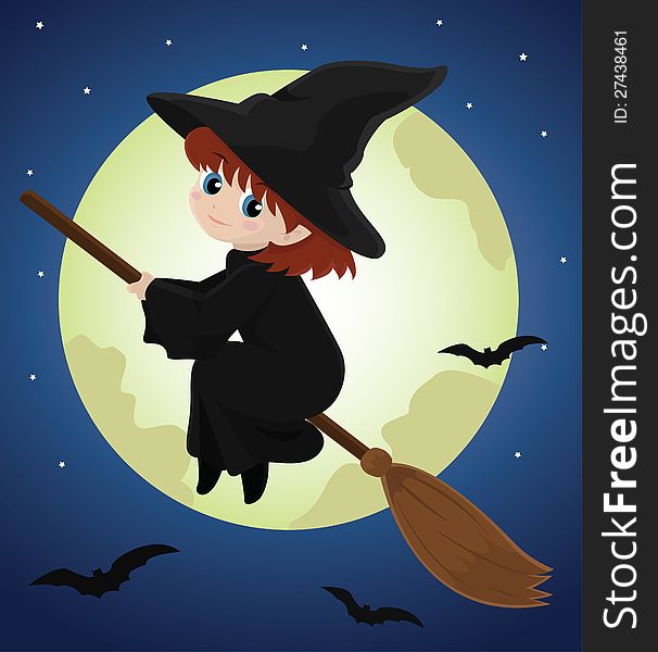 Vector illustration of two little girls dressed in witch and devil costumes on their way to visit a house for trick or treat. Vector illustration of two little girls dressed in witch and devil costumes on their way to visit a house for trick or treat
