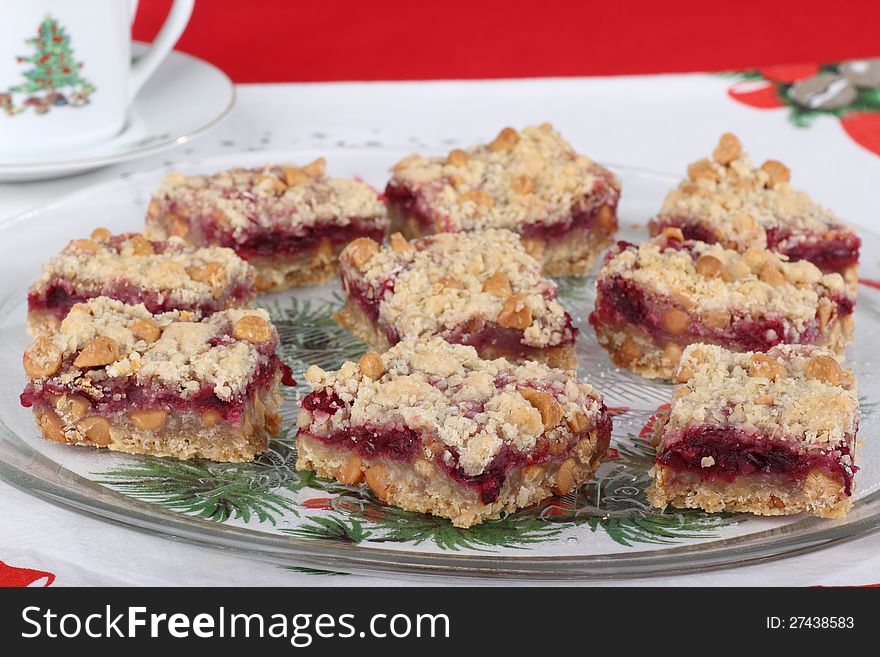 Platter of cranberry and peanut butter chip bars. Platter of cranberry and peanut butter chip bars