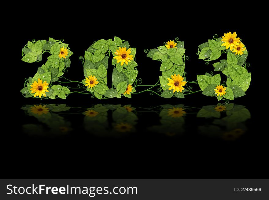 New Year 2013. Date Lined Green Leaves And Flower.