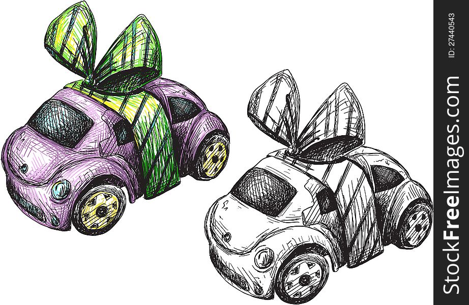 A sketch of a toy car in black and white and color, wrapped as a present