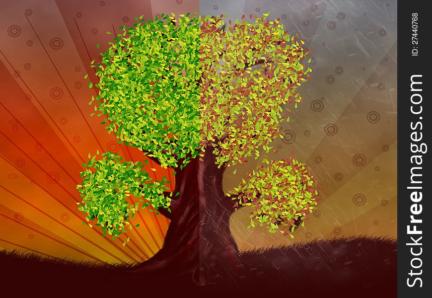 Abstract digital illustration of fantasy tree in autumn and summer season. Abstract digital illustration of fantasy tree in autumn and summer season.