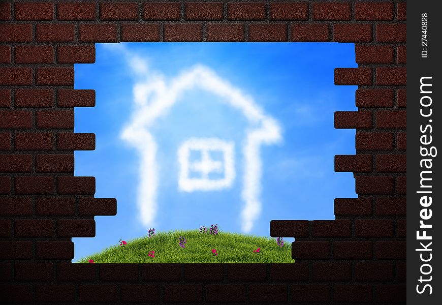 Cloud House In Hole In Brick Wall