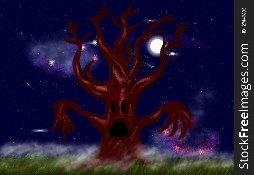 Illustration of creepy leafless tree at night. Halloween background