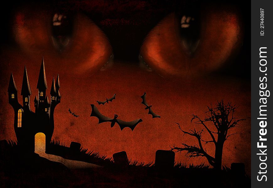 Grunge illustration of halloween castle silhouettes with monster's eyes background. Grunge illustration of halloween castle silhouettes with monster's eyes background.