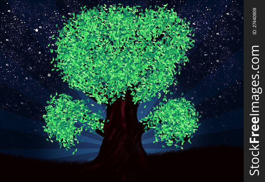 Abstract digital illustration of green fantasy tree at night. Abstract digital illustration of green fantasy tree at night.