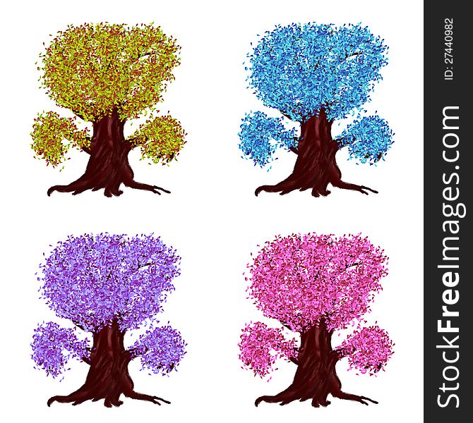 Abstract digital illustration of cartoon fantasy trees with leaves of different colors. Abstract digital illustration of cartoon fantasy trees with leaves of different colors.