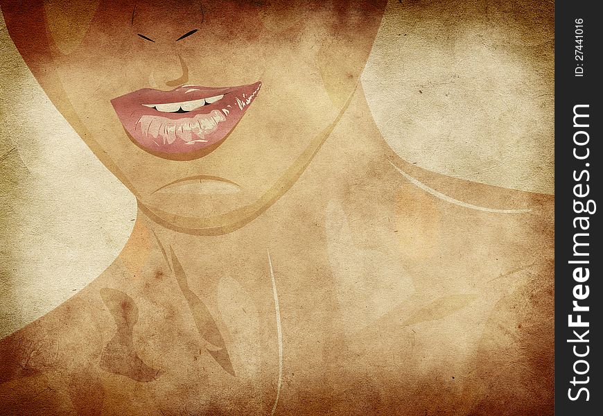 Illustration of young woman's glossy pink lips on grunge textured background. Illustration of young woman's glossy pink lips on grunge textured background.