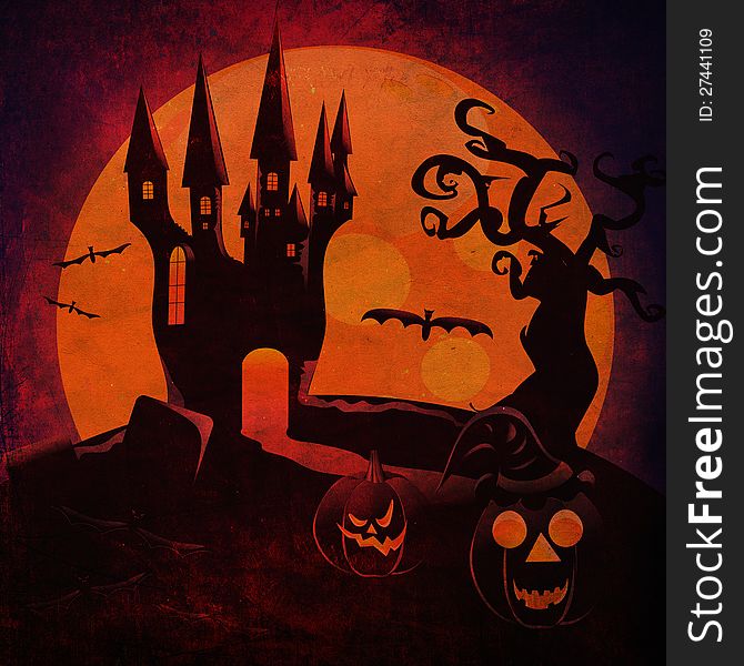 Grunge illustration of halloween castle silhouettes with pumpkins background. Grunge illustration of halloween castle silhouettes with pumpkins background.