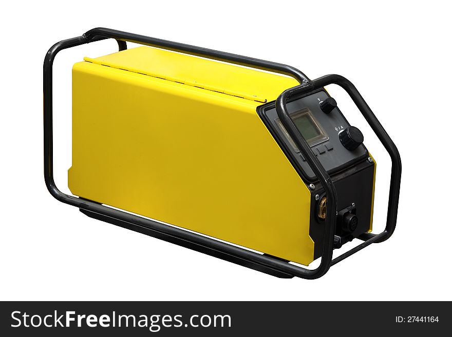 The yellow small-sized transformer isolated on a white background