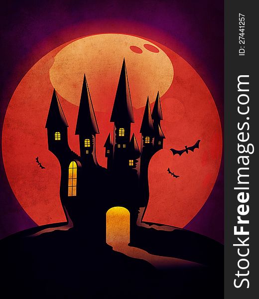 Grunge illustration of halloween castle silhouettes with fullmoon background. Grunge illustration of halloween castle silhouettes with fullmoon background.