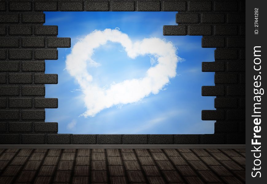 Illustration of cloud heart in hole in brick wall. Illustration of cloud heart in hole in brick wall.