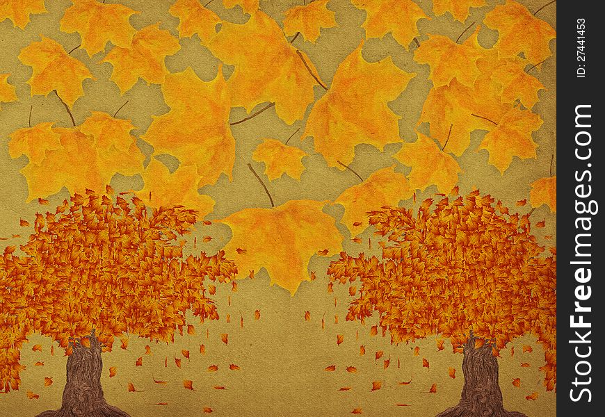 Grunge illustration of autumn leaves and trees on paper background. Grunge illustration of autumn leaves and trees on paper background.