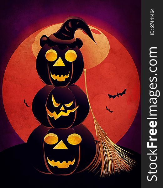 Illustration of halloween pumpkins silhouettes with red moon background. Illustration of halloween pumpkins silhouettes with red moon background.