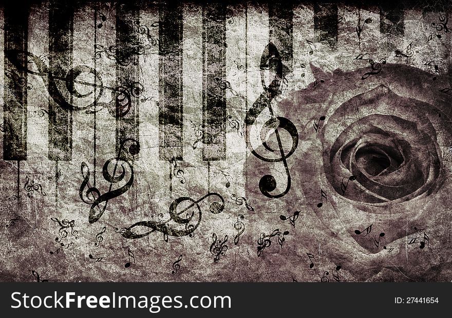 Vintage grunge background with rose and music notes. Vintage grunge background with rose and music notes.