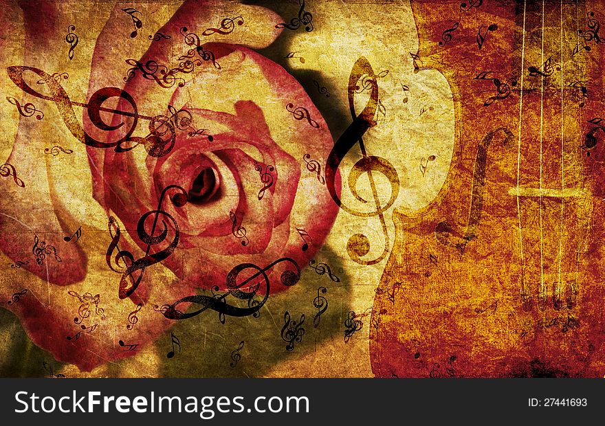 Vintage grunge background with rose and music notes. Vintage grunge background with rose and music notes.