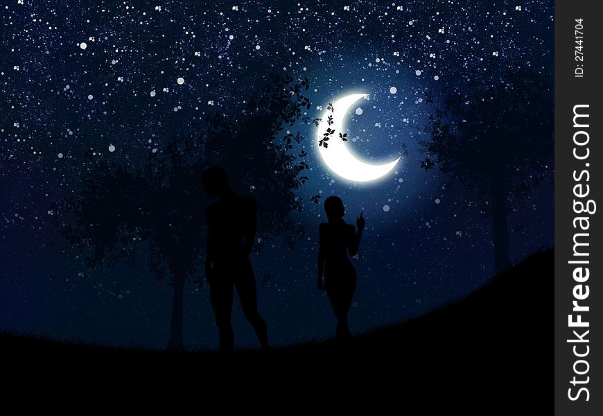 Couple in love walking in a crescent moon night. Couple in love walking in a crescent moon night.
