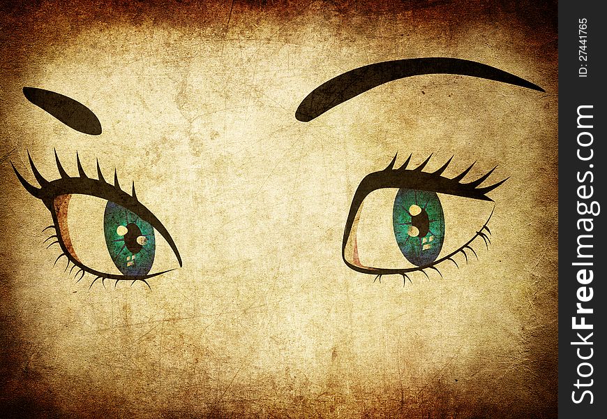 Illustration of woman's eyes on grunge paper background. Illustration of woman's eyes on grunge paper background.